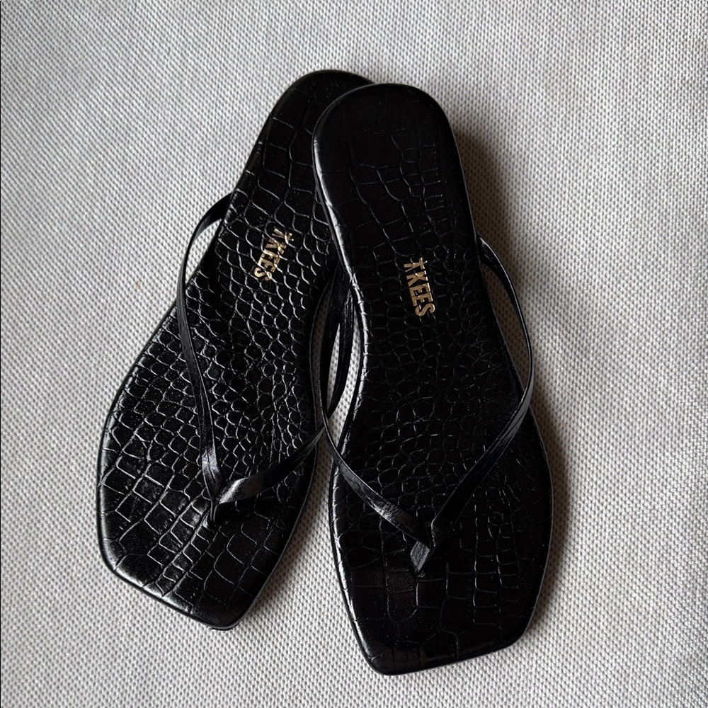 TKEES Black Croc-Embossed Sandals